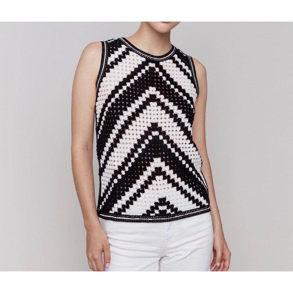 Charlie B Womens Crochet Knit Sleeveless Crew Neck Tank‎ XL Black/White BOHO NWT